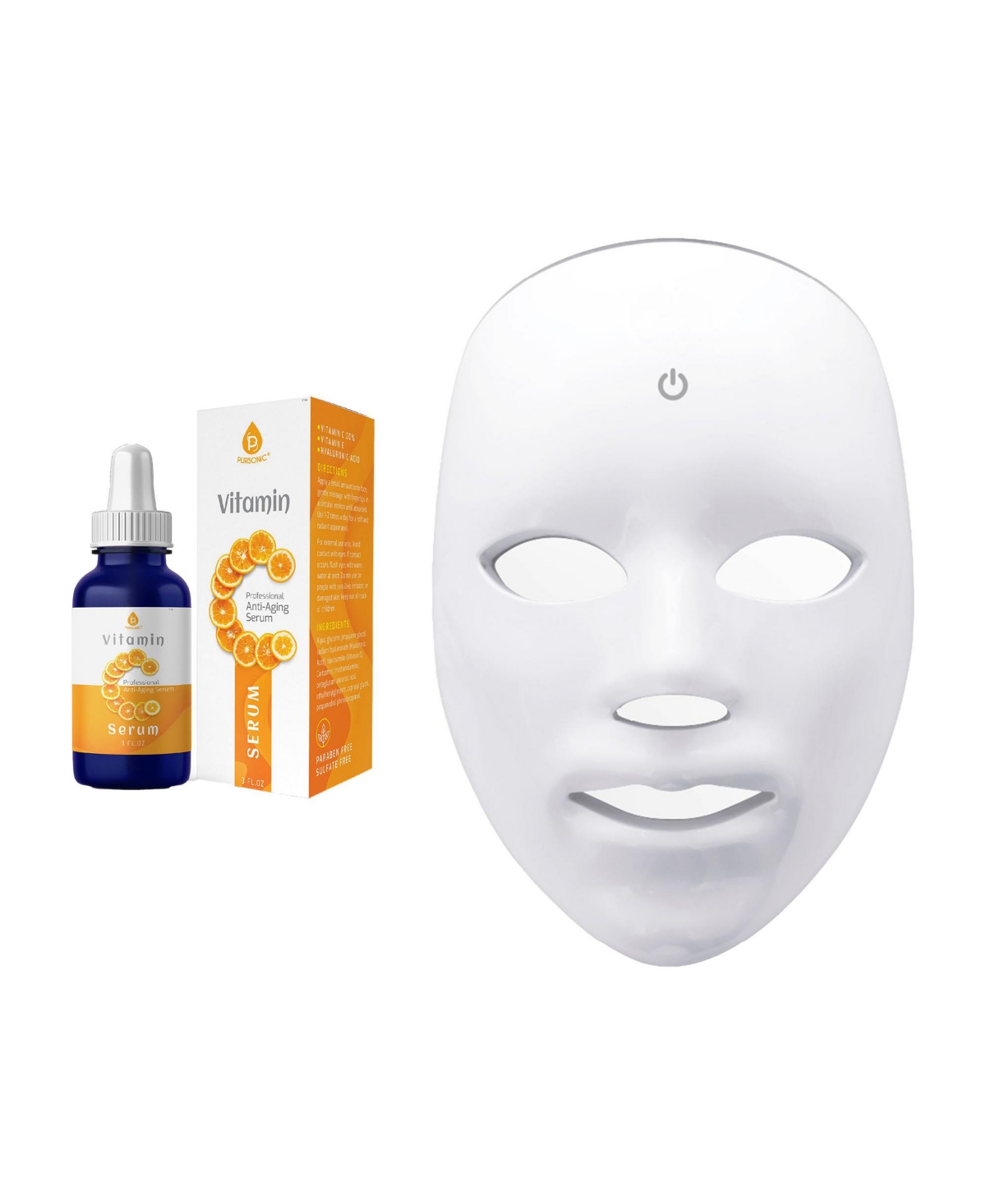 Led Skincare Bundle &#x2013; 7-in-1 Led Light Therapy Face Mask + Vitamin C Serum (3 oz) - White