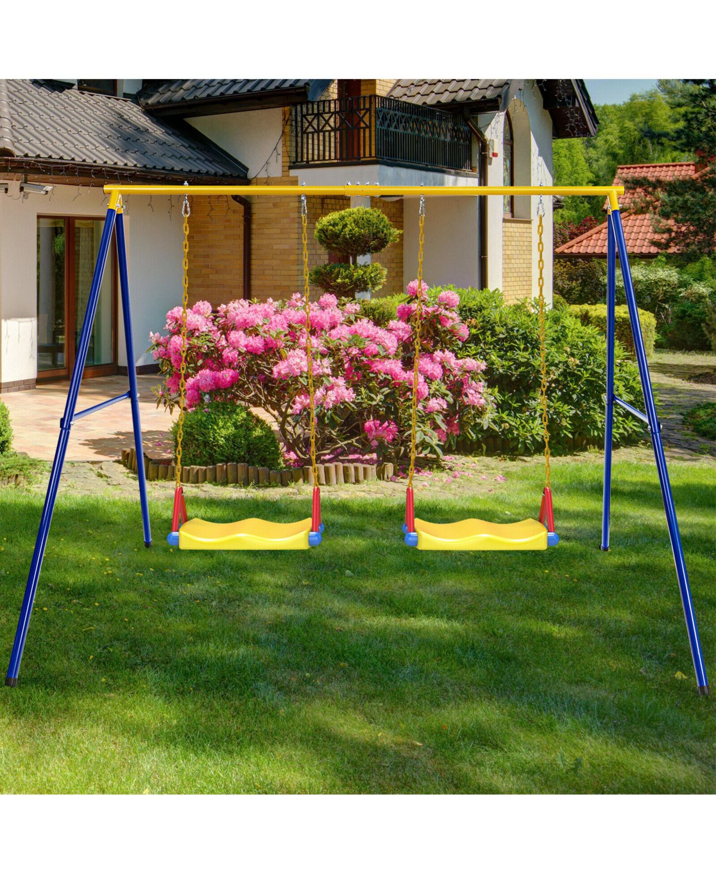 Детская игрушка Gymax 660 Lbs Metal Heavy-Duty A-Frame Swing Stand, Ages 3+, цвет: Синий жёлтый — фото 6
