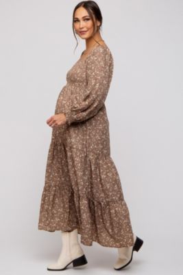 Maternity Cream Floral Smocked Long Sleeve Maxi Dress