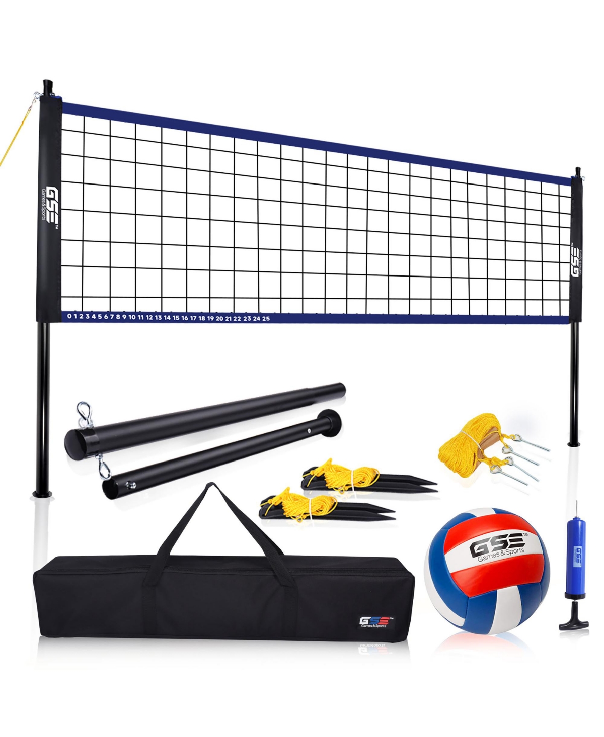 Volleyball Net Set with Volleyball, Aluminum Poles, Winch System, Pump, and Carrying Bag (Recreational)
