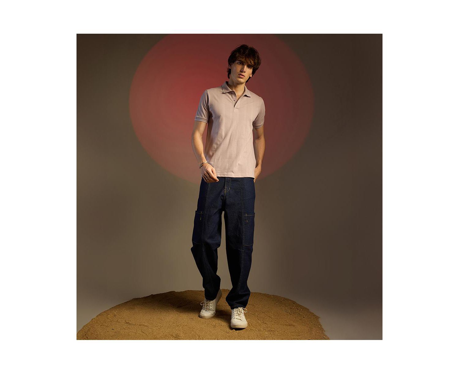 Men's Blush Pink Lined-Knit Polo T-Shirt