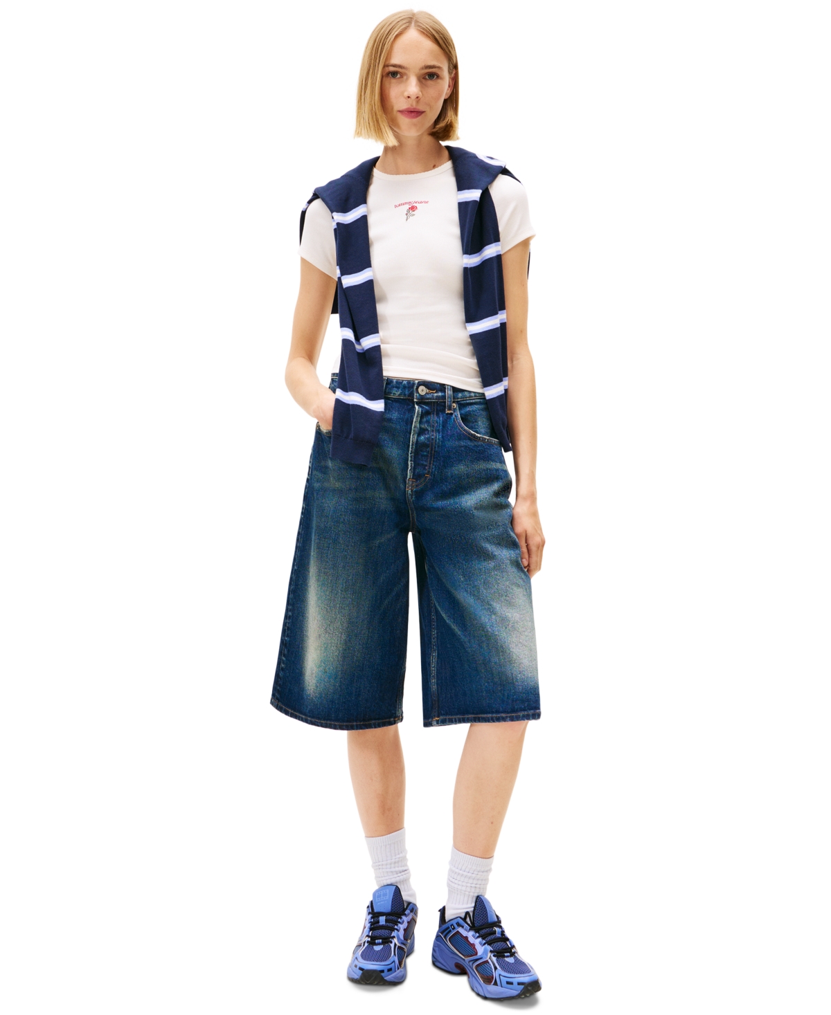 Tommy Jeans Women's Slim Rose Logo Ribbed Short-sleeve T-shirt In White