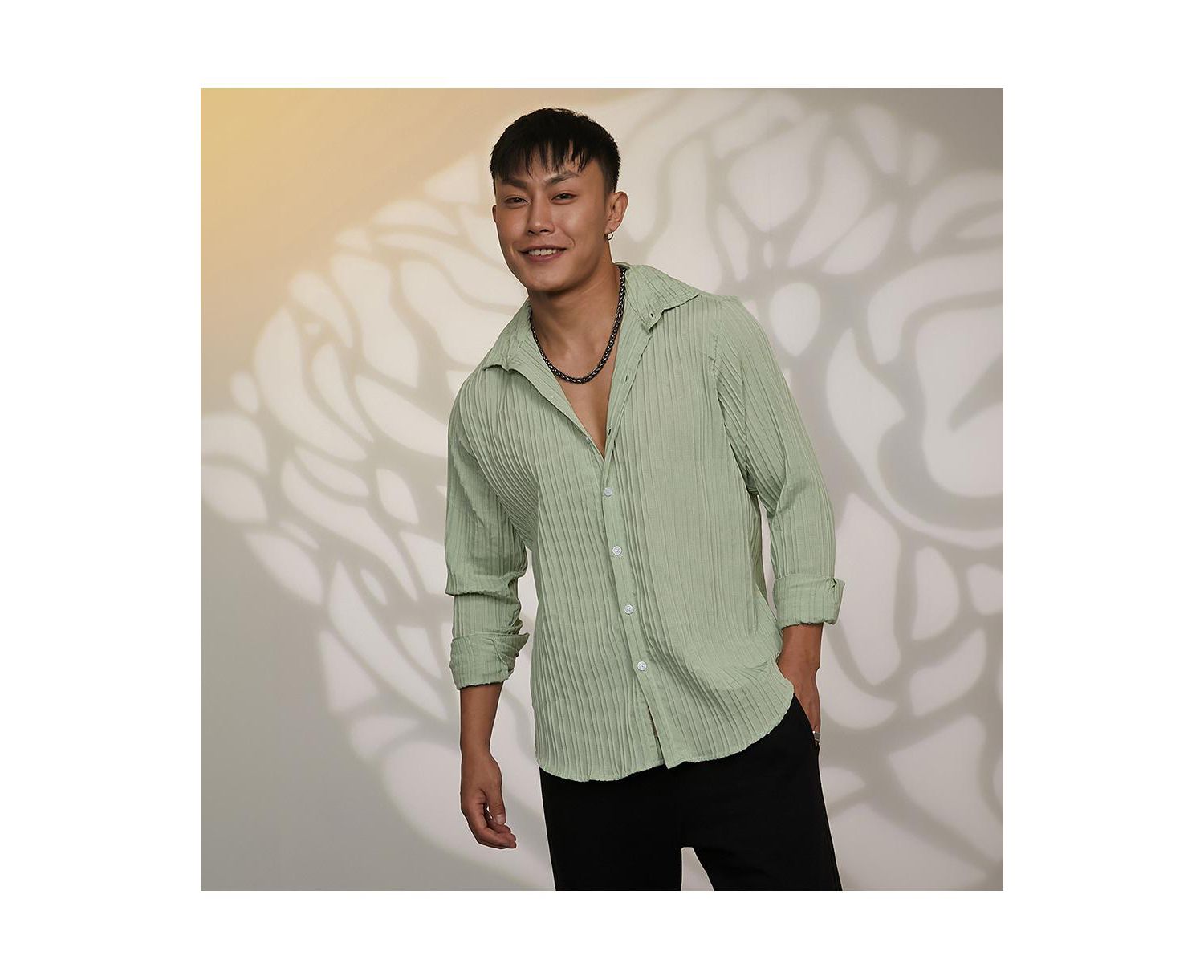 Men's Sage Green Self-Design Striped Shirt