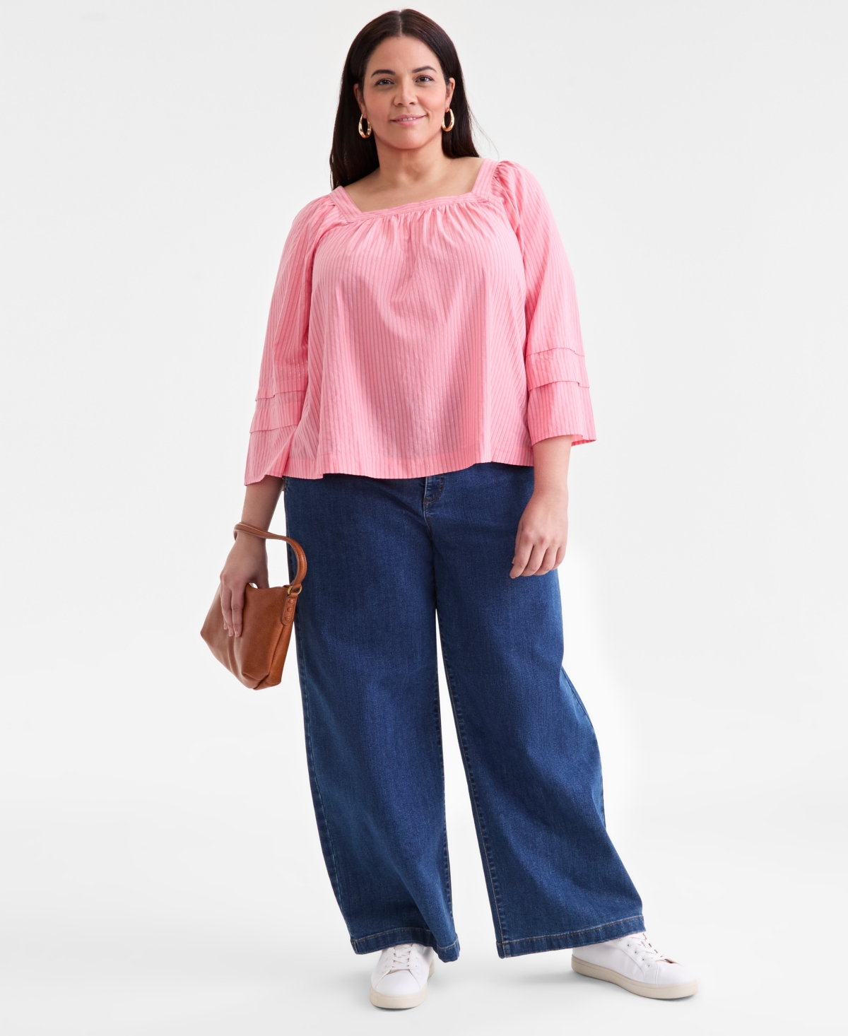 Style & Co Plus Size Striped Square-neck Top, Macy's Exclusive In Pink