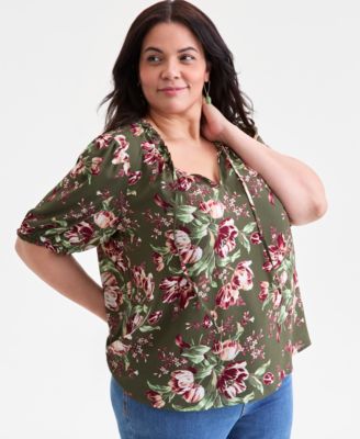 Plus Size Floral Printed Puff-Sleeve Blouse
