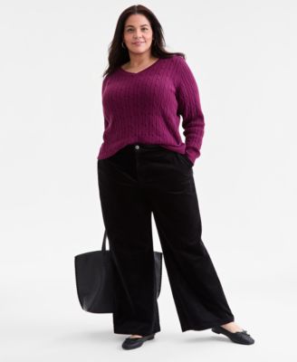 Plus Size Cotton Cable-Knit V-Neck Sweater