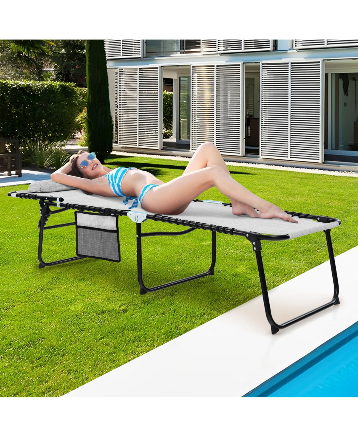 Gymax 2 Pcs Folding Chaise Lounge Portable Lay Flat Reclining Chair w/ 4-Level Backrest Side Pocket