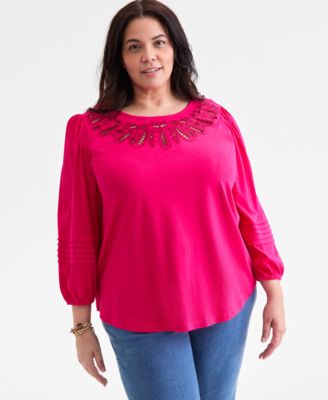 Plus Size Broderie Anglaise 3/4-Sleeve Top