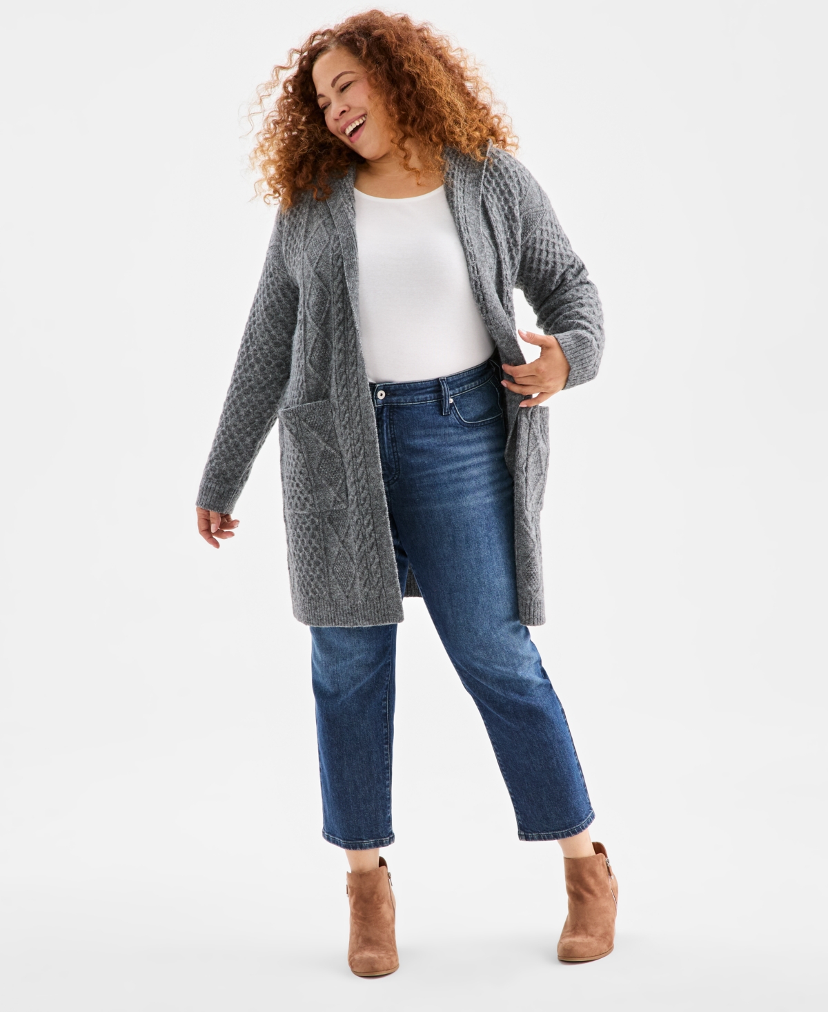 Style & Co Plus Size Chunky Open-front Cable-knit Cardigan, Macy's Exclusive In Gray
