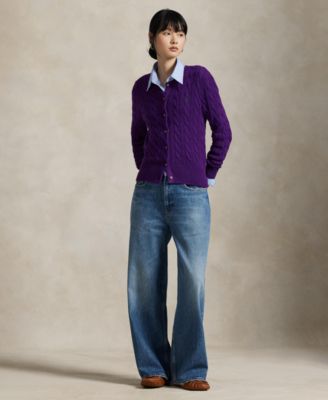 Women's Cable-Knit Cotton Crewneck Cardigan Sweater