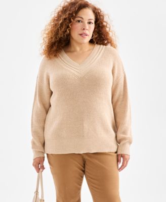 Plus Size V-Neck Stitch Detail Sweater, Macy's Exclusive
