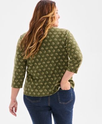 Plus Size Printed 3/4-Sleeve Henley Top, Macy's Exclusive