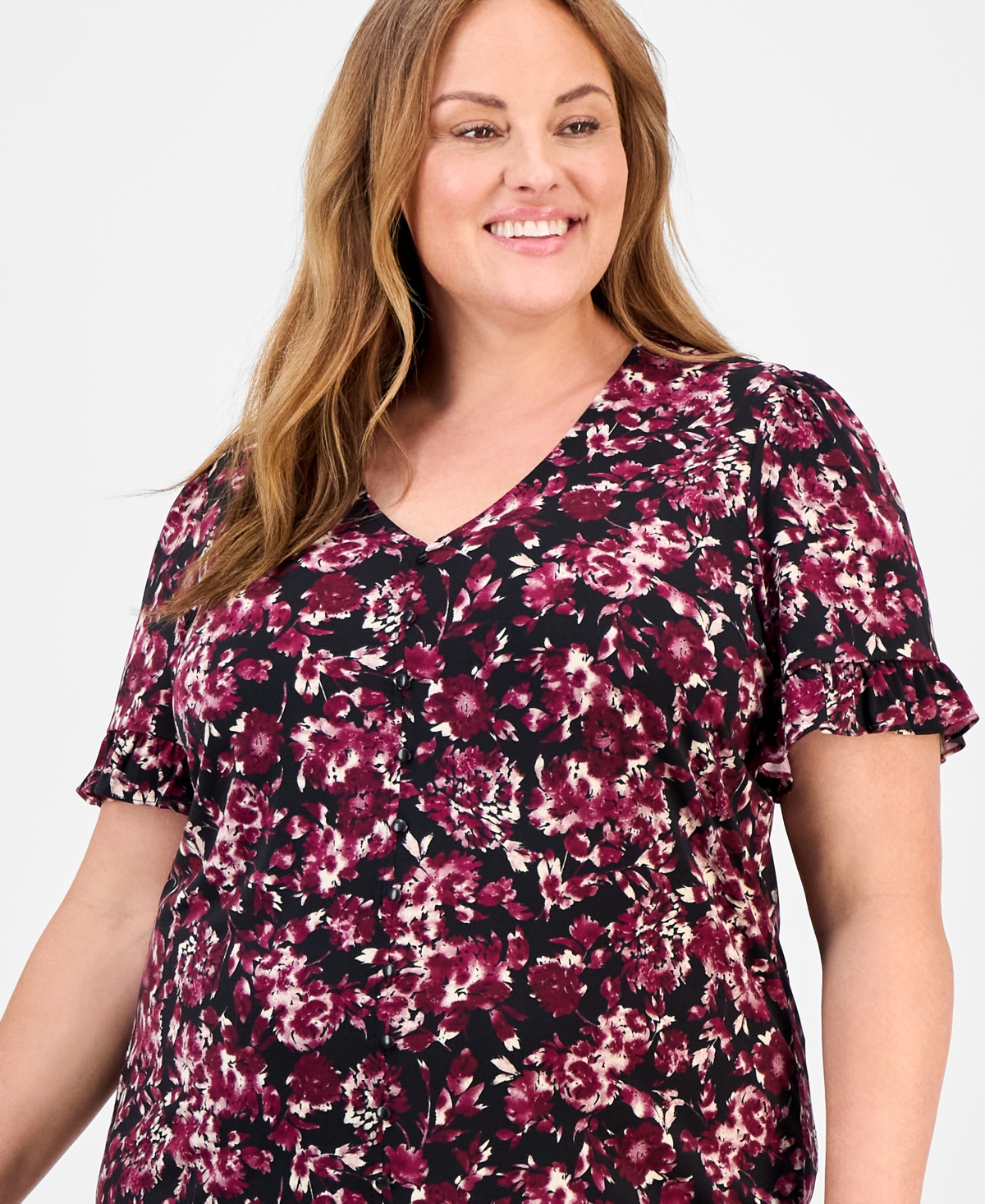 Ak Anne Klein Plus Size Floral-print V-neck Top