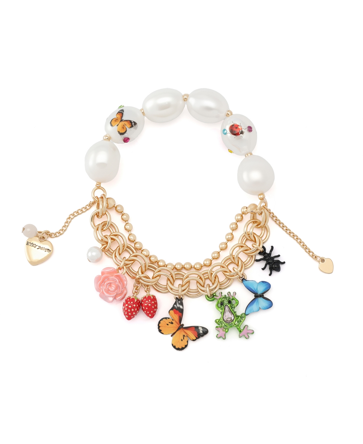 Faux Stone Backyard Butterfly Mixed Charm Pearl Stretch Bracelet - Multi, Gold