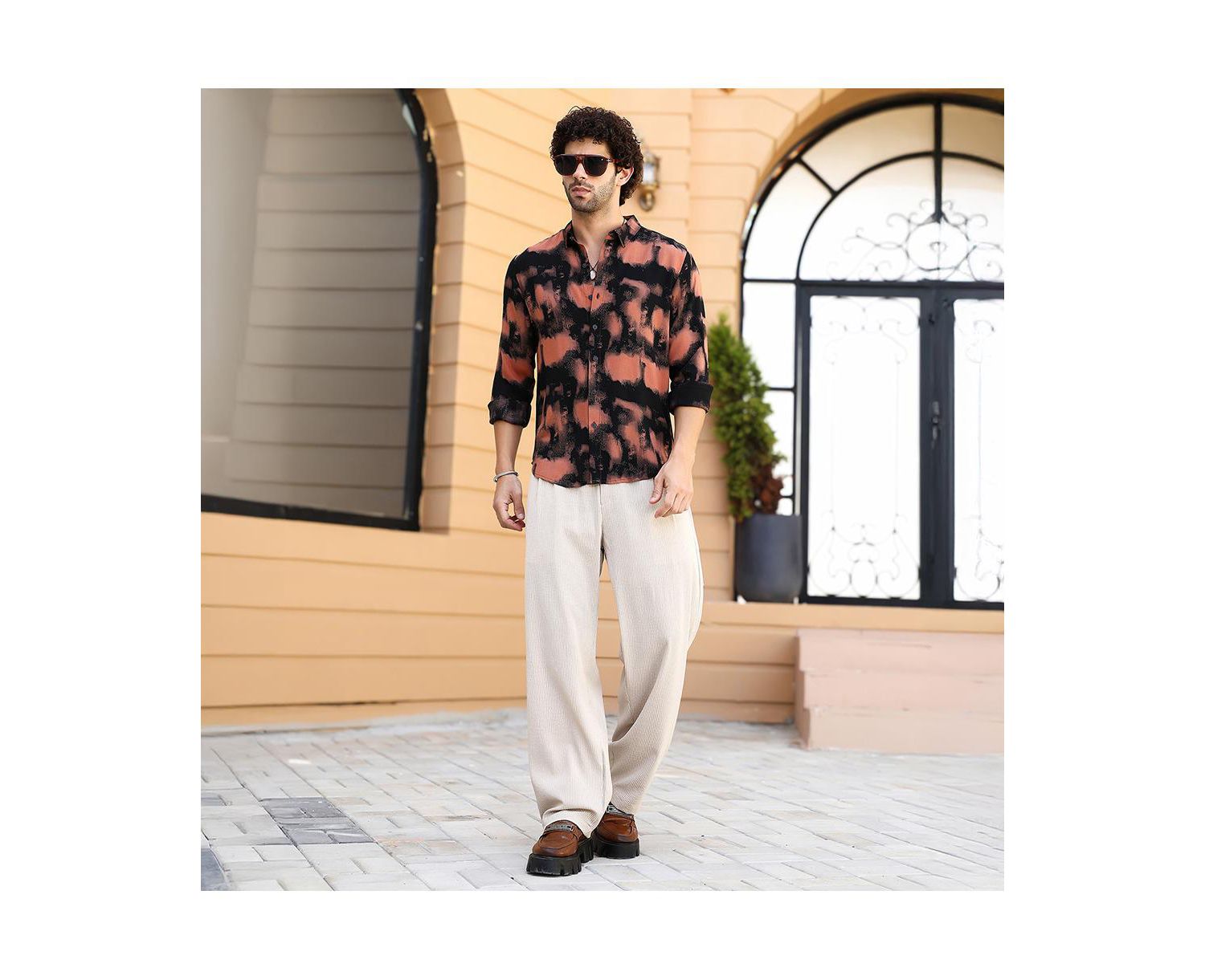 Men's Obsidian Black & Sienna Brown Smudged-Block Regular Shirt