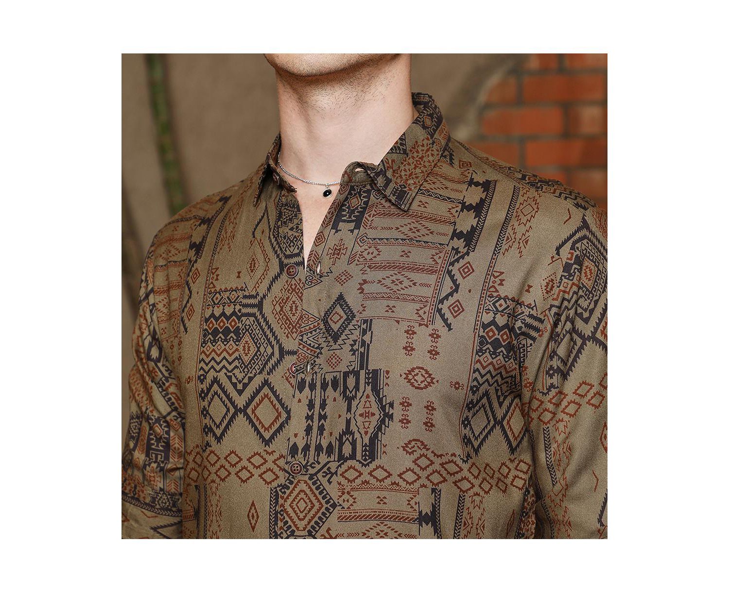 Men's Peanut Brown Aztec-Imprint Shirt