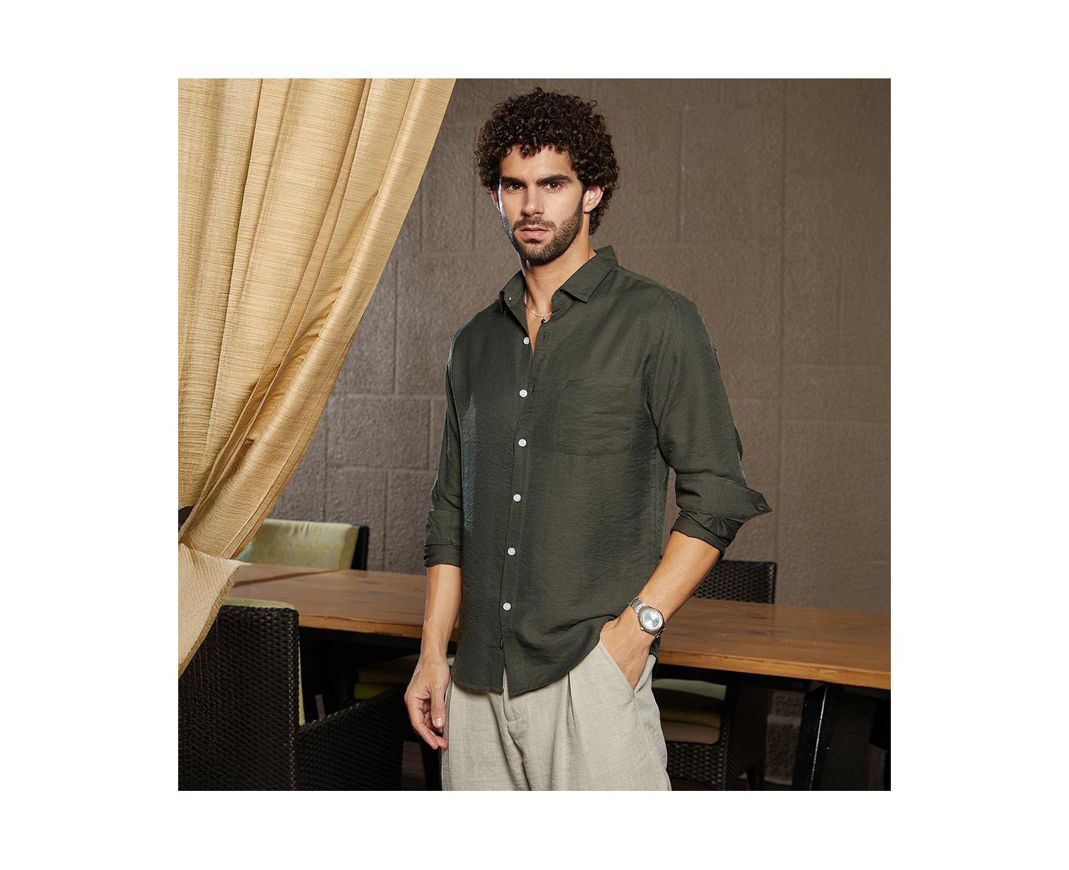Men's Olive Green Breezy Wrinked Relaxed Shirt