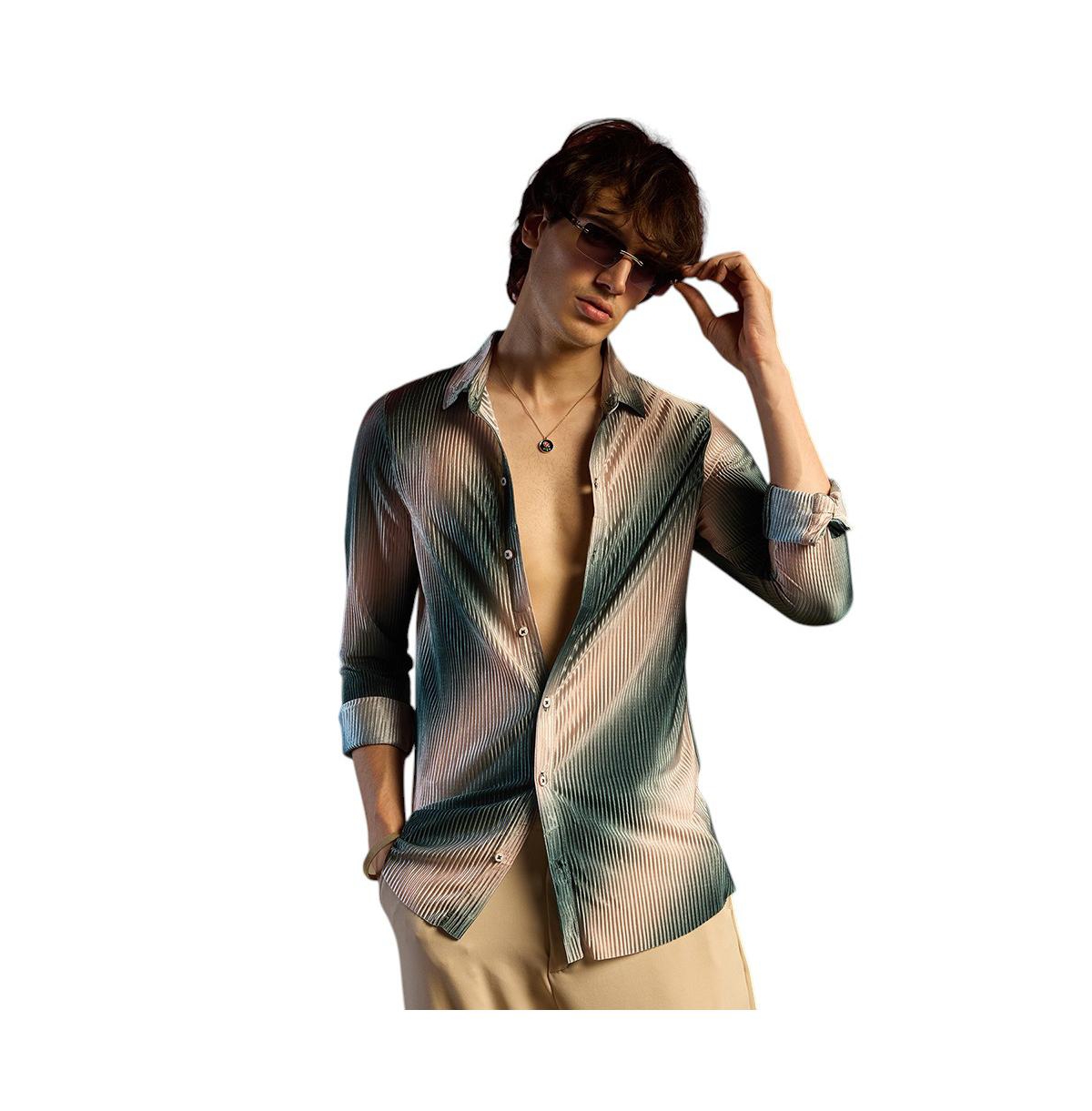 Men's Emerald Green & Ivory White Ombre-Pleated Shirt - Green