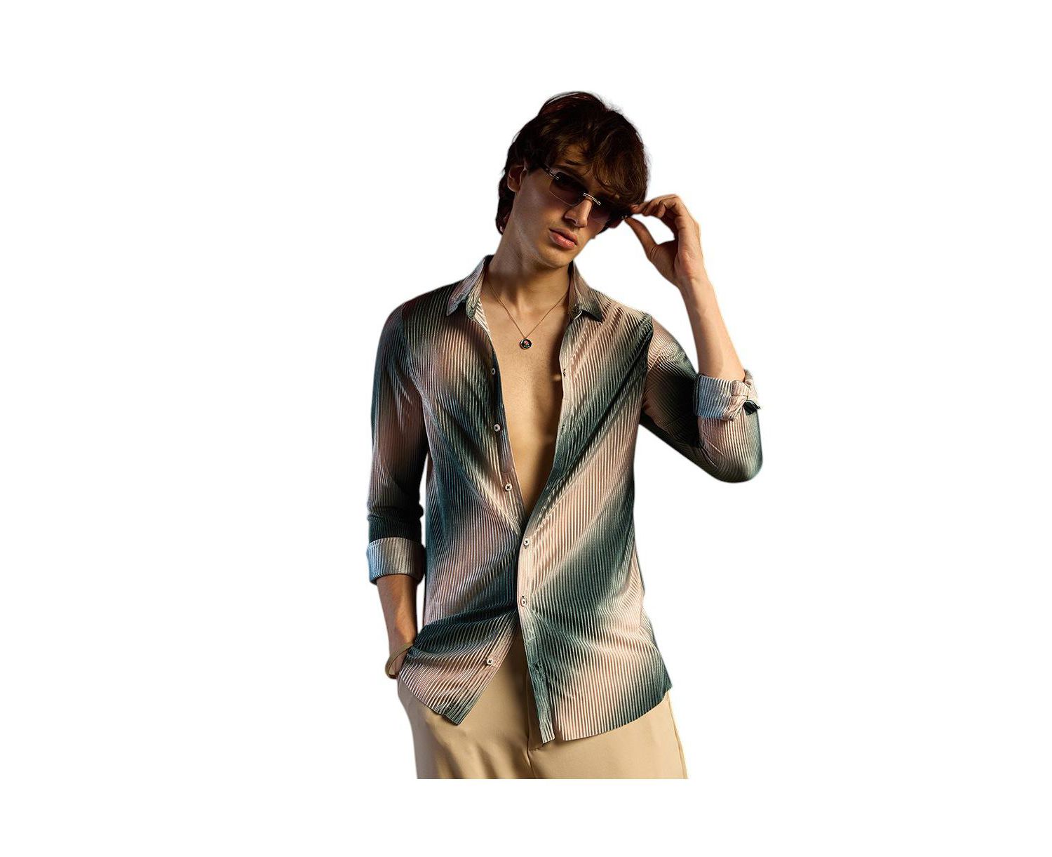 Men's Emerald Green & Ivory White Ombre-Pleated Shirt