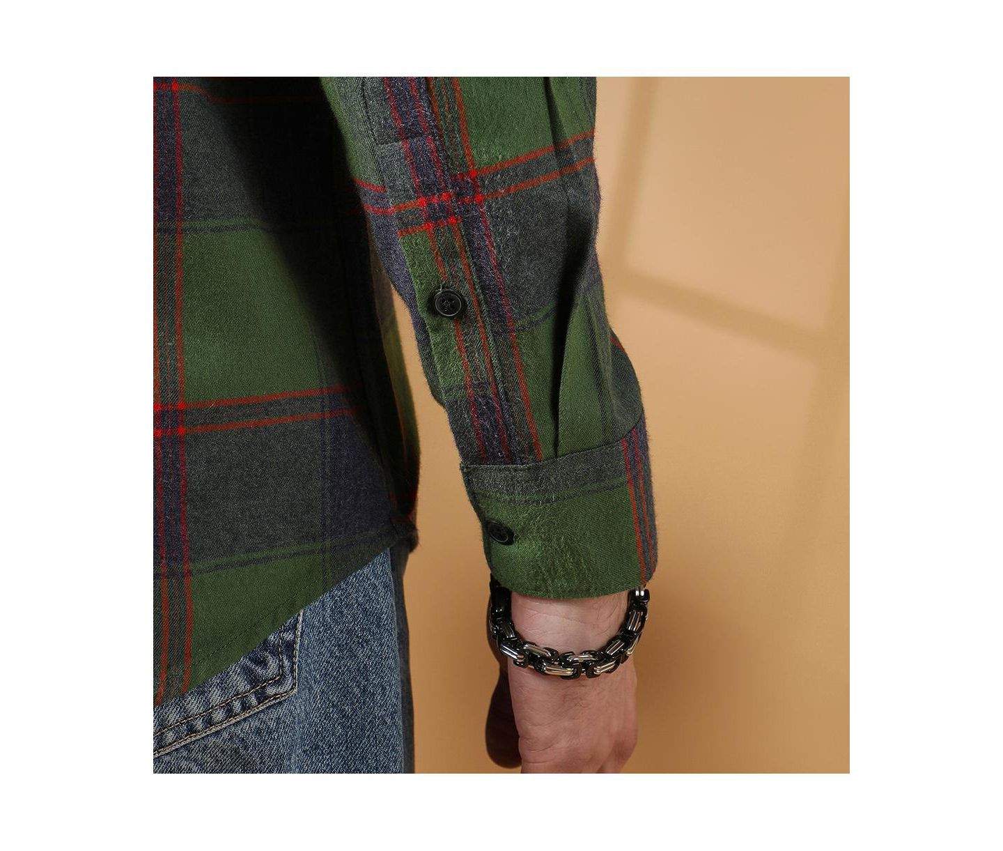 Мужская рубашка Cahoot Campus Sutra Forest Green & Indigo Blue Buffalo Check Utility, цвет: Зелёный — фото 8