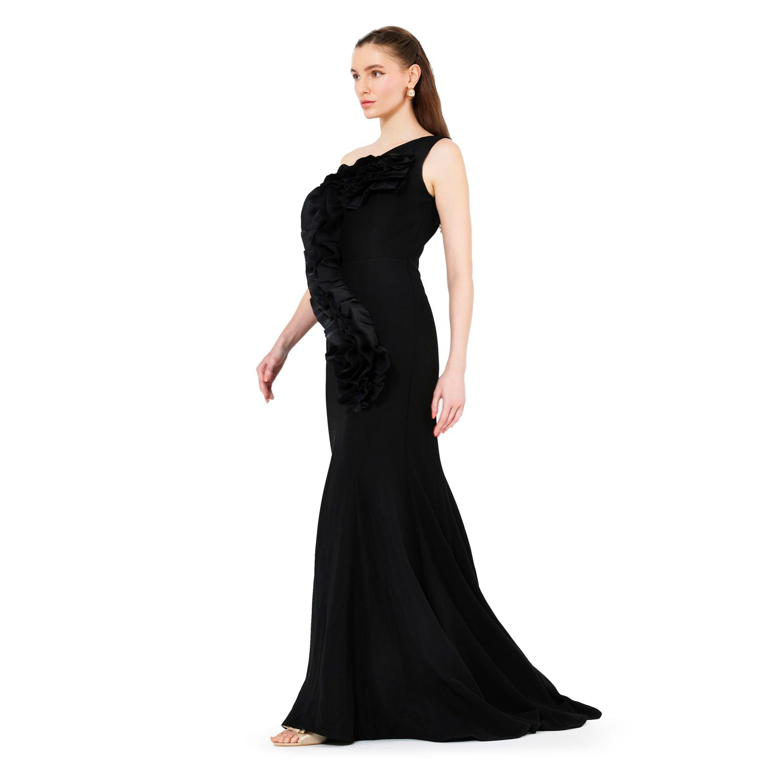 Women's Organza Ruffle Detail Mermaid Crepe Gown