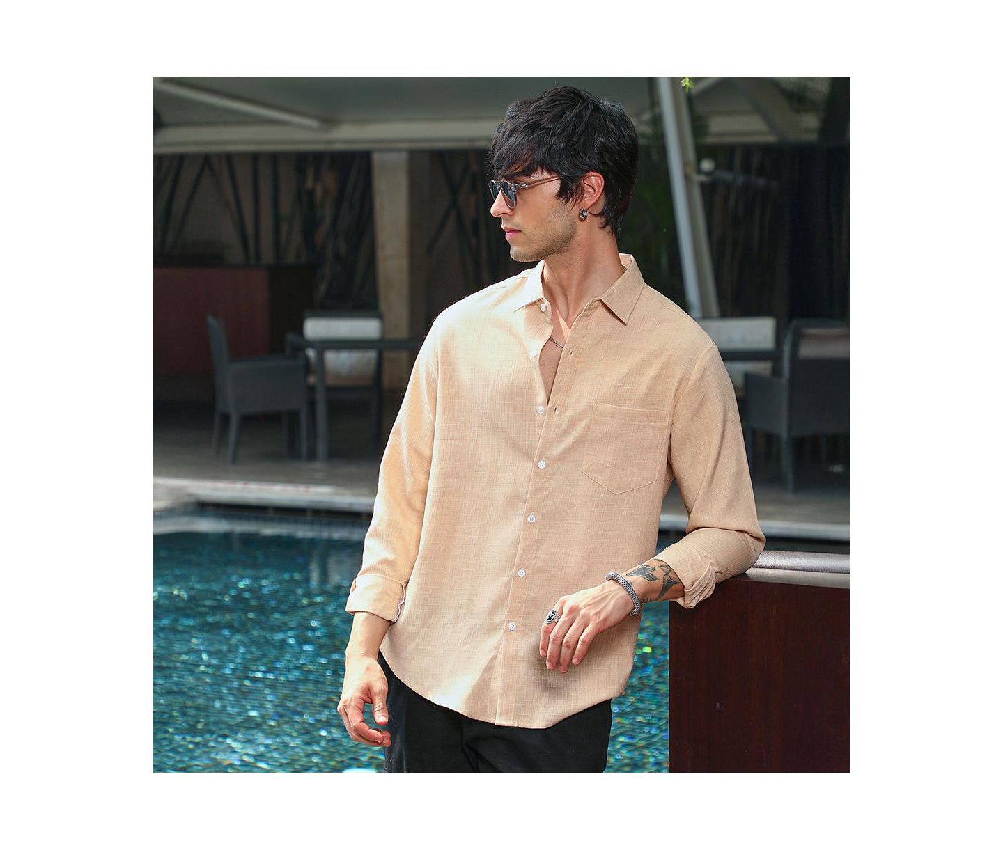 Мужская рубашка Cahoot Campus Sutra Ecru Beige Solid Relaxed, цвет: Бежевый — фото 7