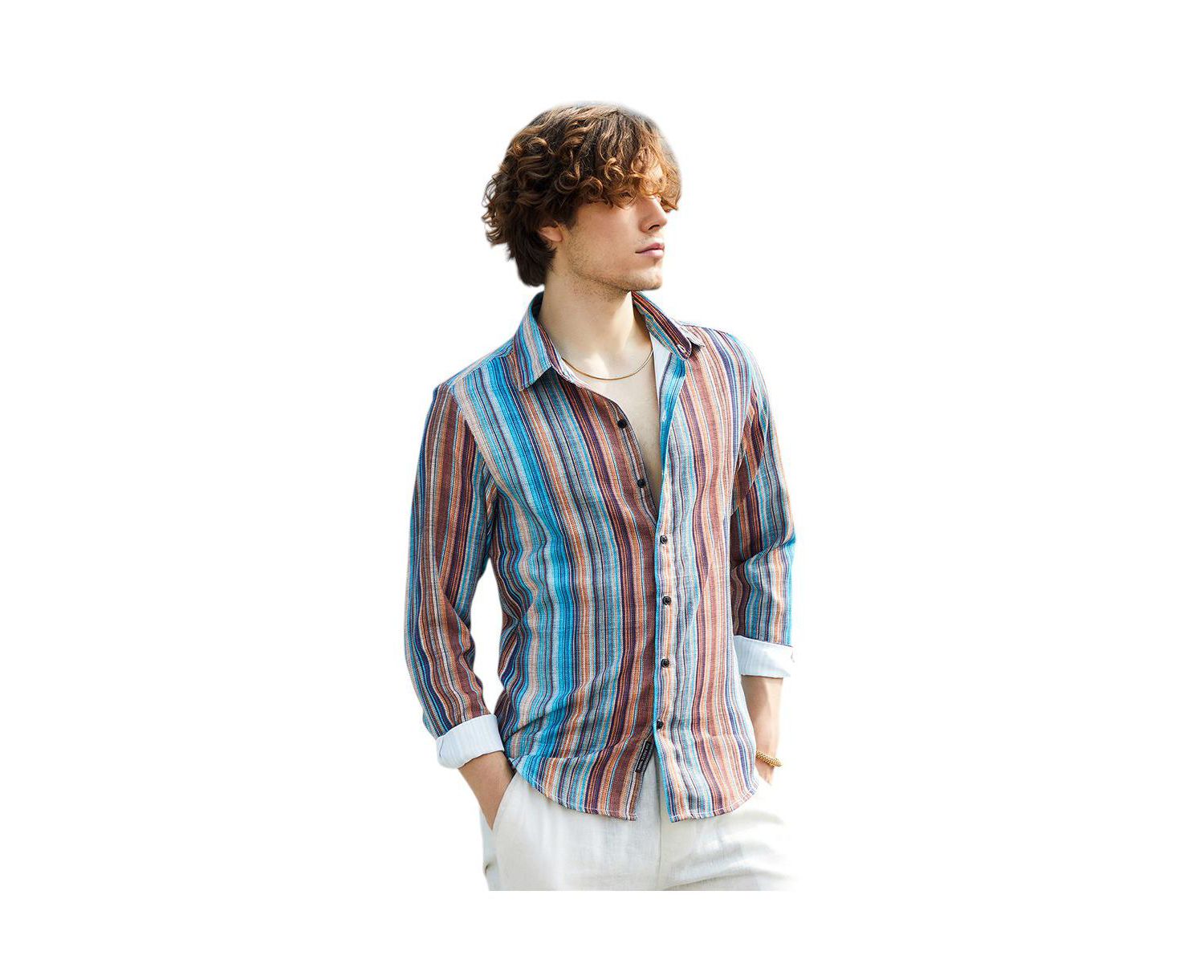 Men's Azure Blue & Chocolate Brown Multitrack-Striped Shirt