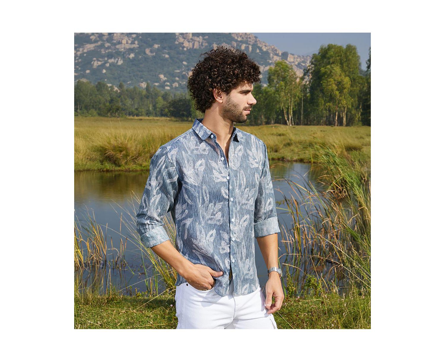 Men's Steel Blue Stroked-Petals Shirt