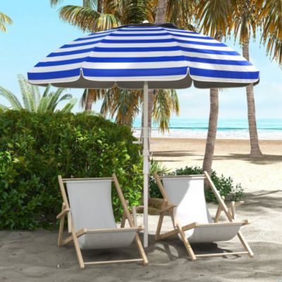5.7ft Portable Beach Umbrella with Tilt Adjustable Height 2 Cup Holders Hooks UV 40 Plus Blue White Stripe
