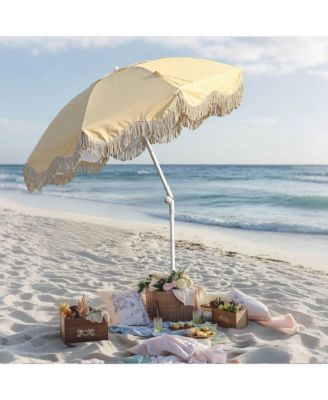 Ocean 6 Ft Beach Umbrella with 8 Ribs Sand Anchor Push Button Tilt with Heavier Tassle Carry Bag Outdoor Beach Pool Party Yellow Stripe