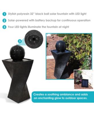 Outdoor Black Ball Solar Powered Water Fountain with Backup Battery and LED Light - 32" - Black