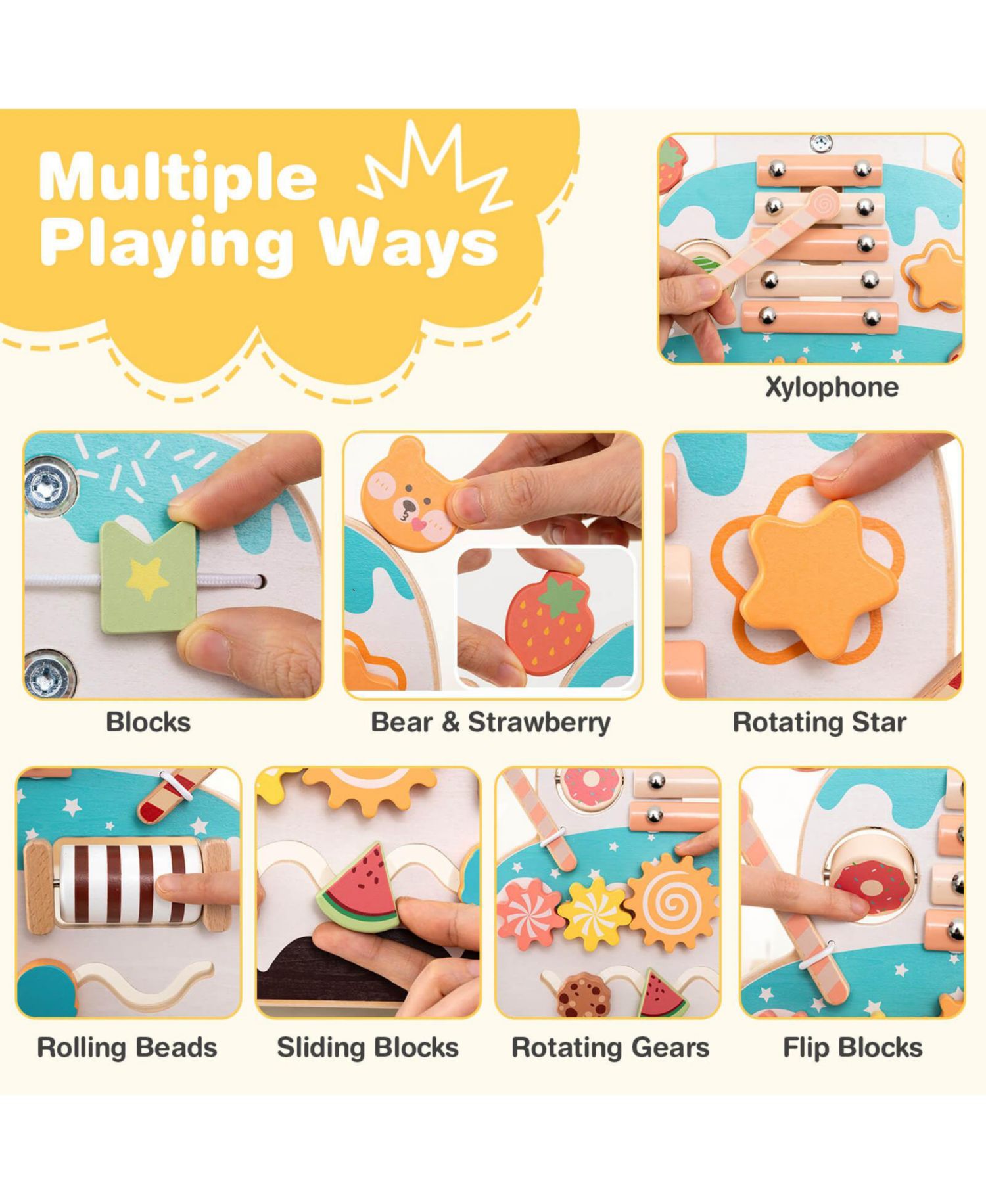 Wooden Baby Walker Ice Cream Cart Toy with Sweet Accessories Smooth