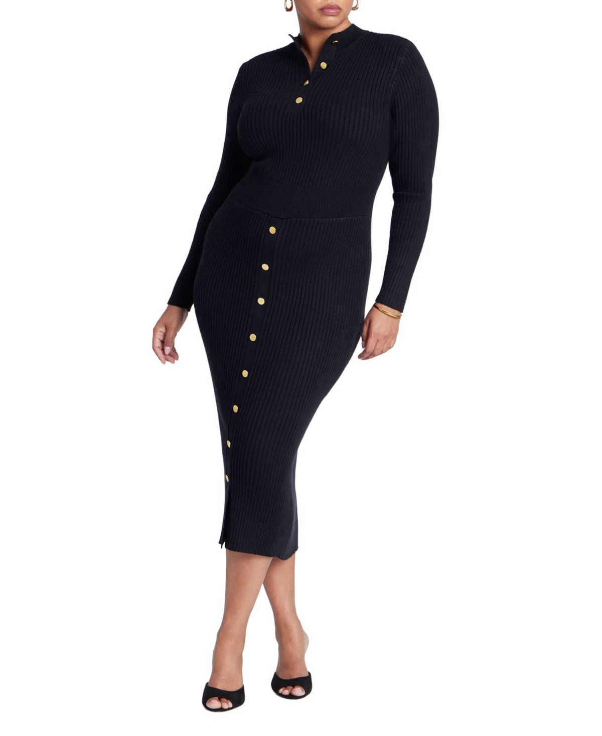 Women's Mock Neck Rib Button Dress - Black onyx
