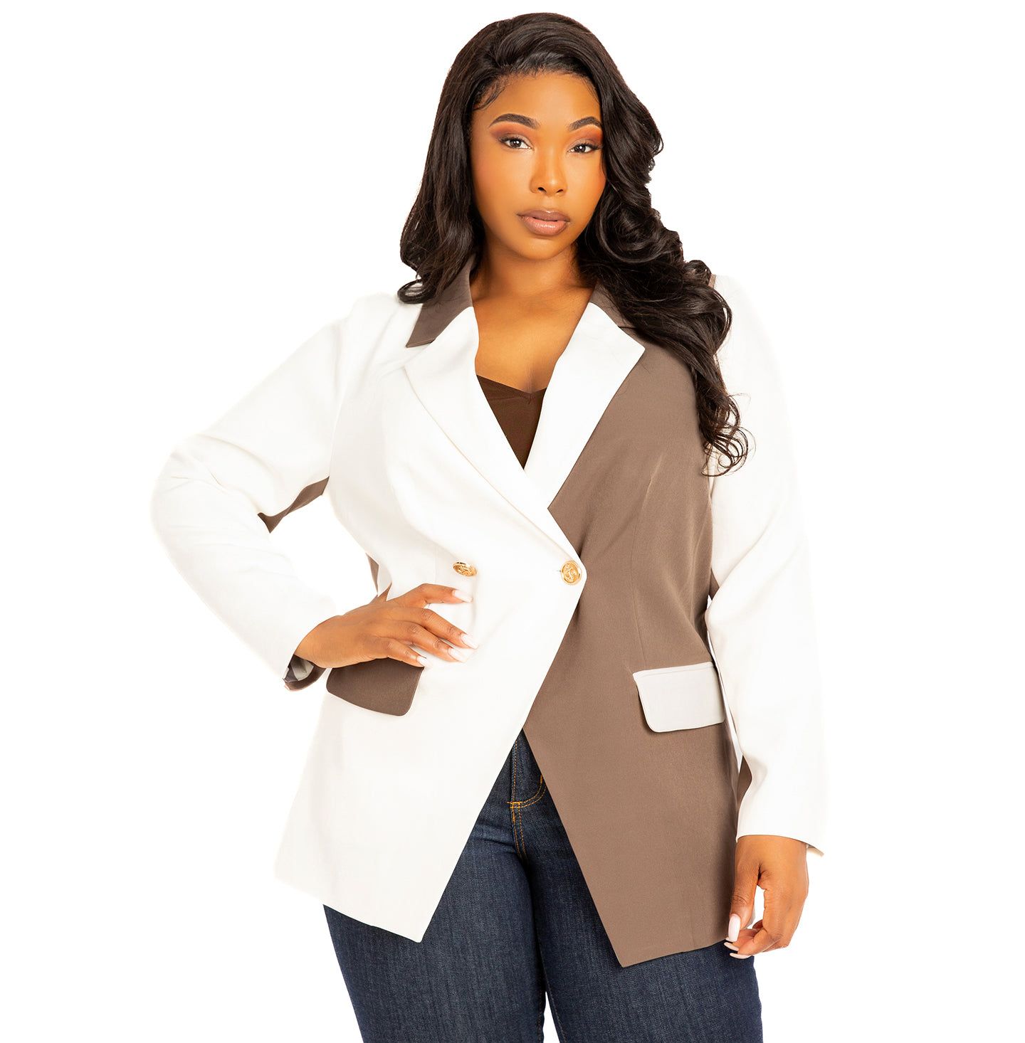 Женский пиджак Buxom Couture Plus Size Contrast Double Breasted Blazer, цвет: Хаки — фото 1