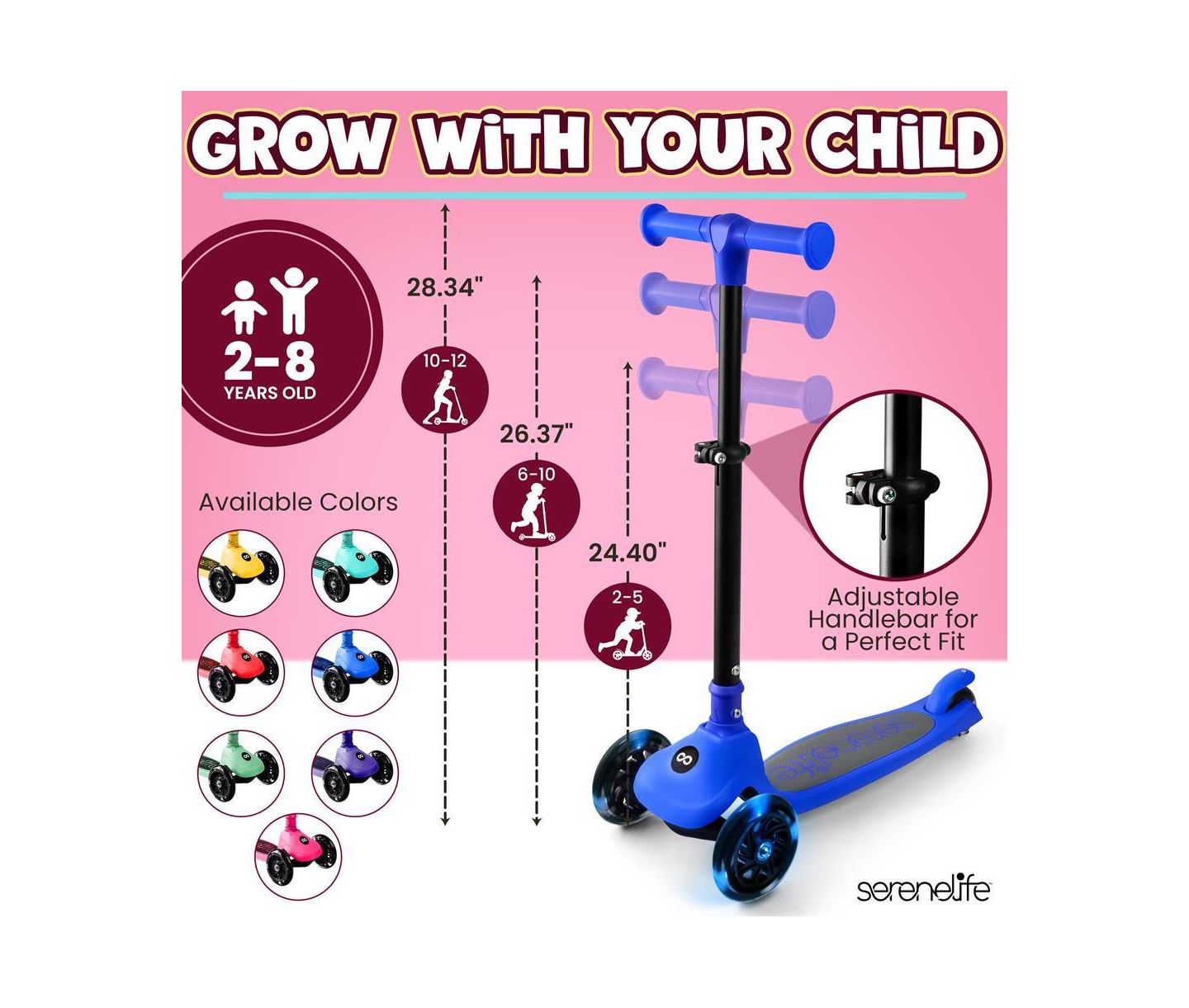 Детская игрушка SereneLife 3-Wheel Foldable Kids Scooter with LED Wheel Lights & Lean-to-Steer Technology, Ages 2+, цвет: Синий — фото 4