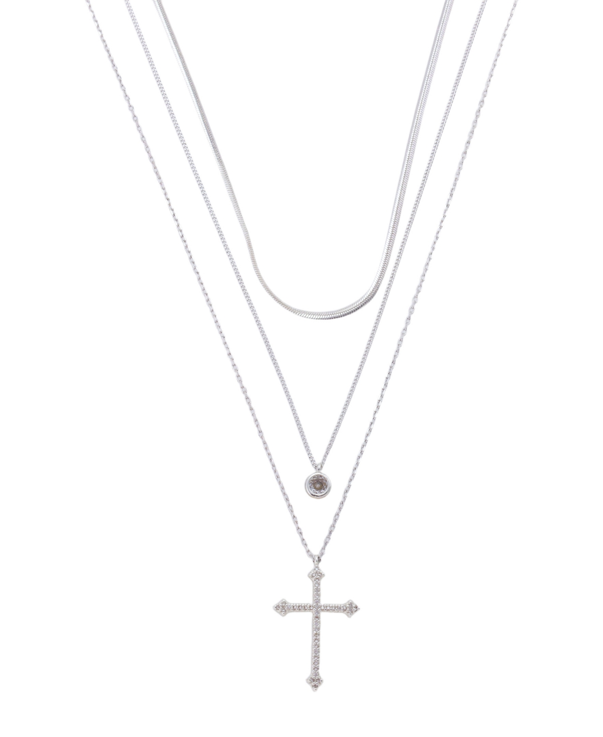 Cubic Zirconia Cross Pendant Layered Necklace Set - Silver
