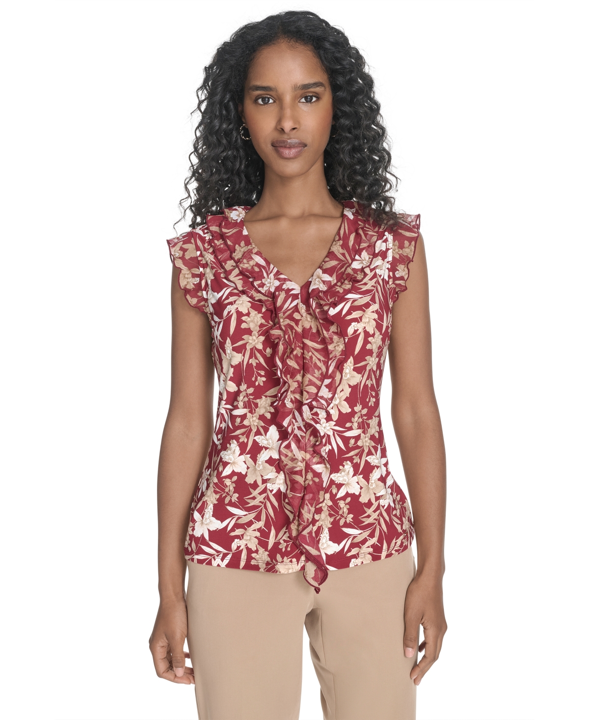 Women's Ruffled Floral Mixed-Media Top - Midnight/ Tigers Eye