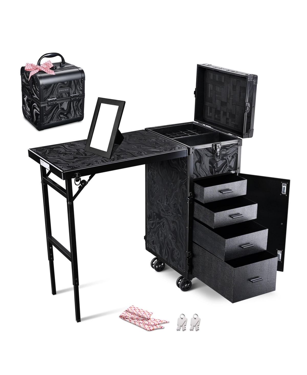 Rolling Nail Table & Makeup Case Kit Cosmetic Organizer Aluminum Black - Natrual