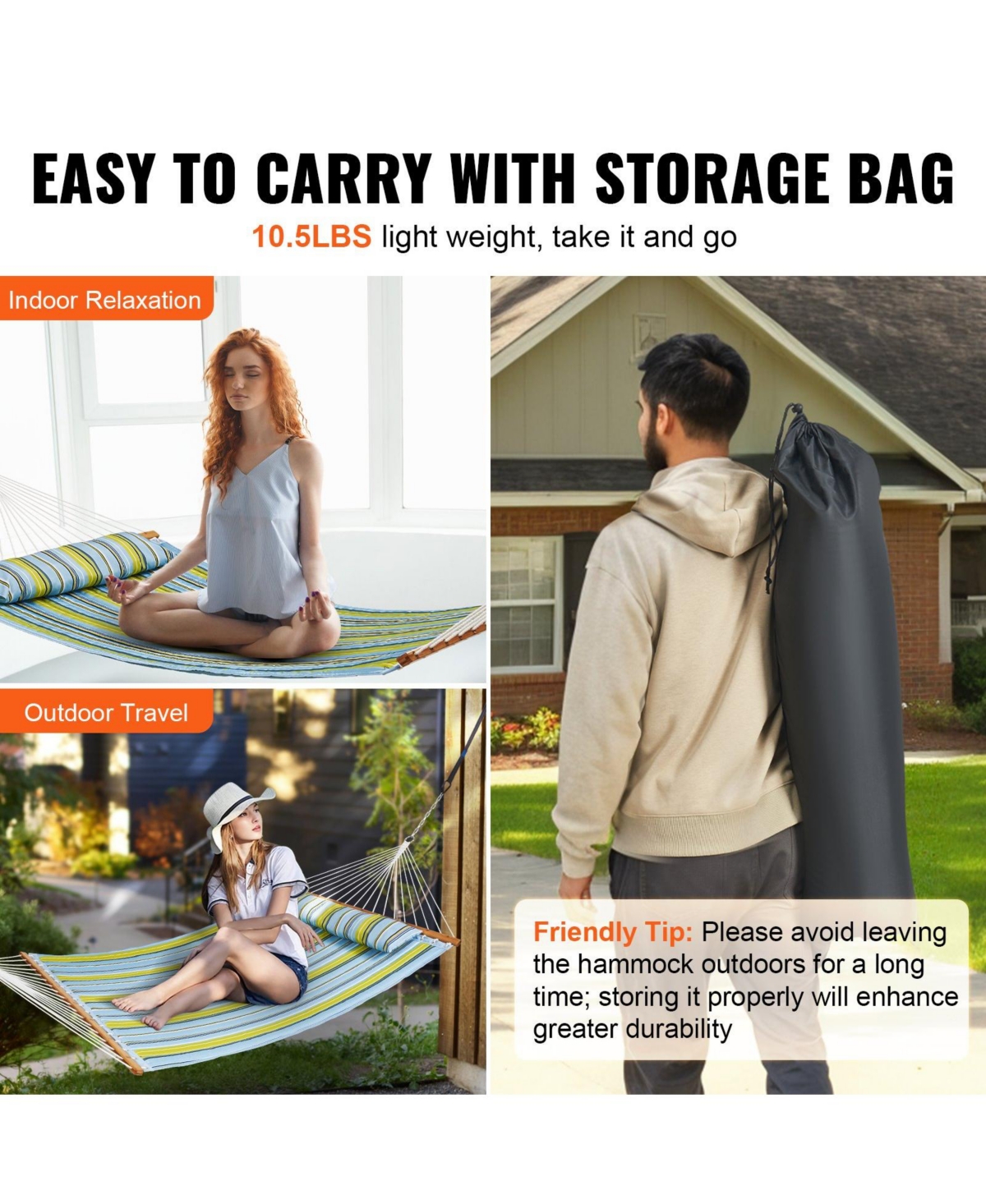 Double Quilted Fabric Hammock with Hardwood Spreader Bar Detachable Pillow
