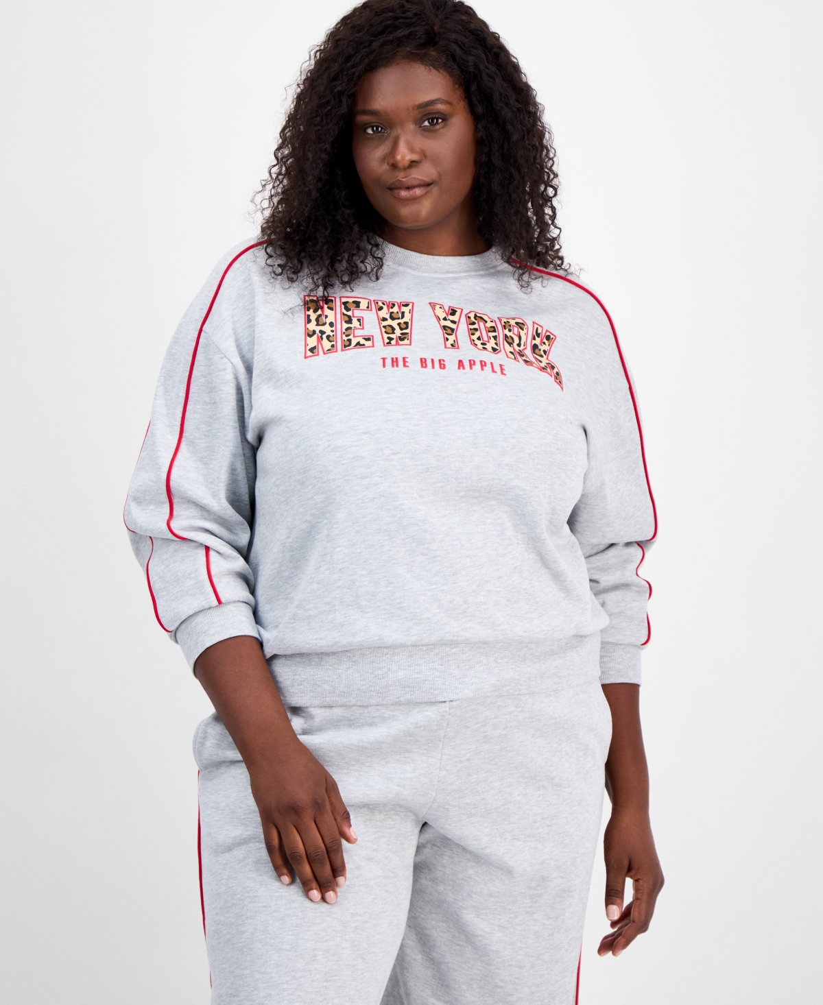 Rebellious One Trendy Plus Contrast Piped Fleece Sweatshirt Sweatpants In Gray