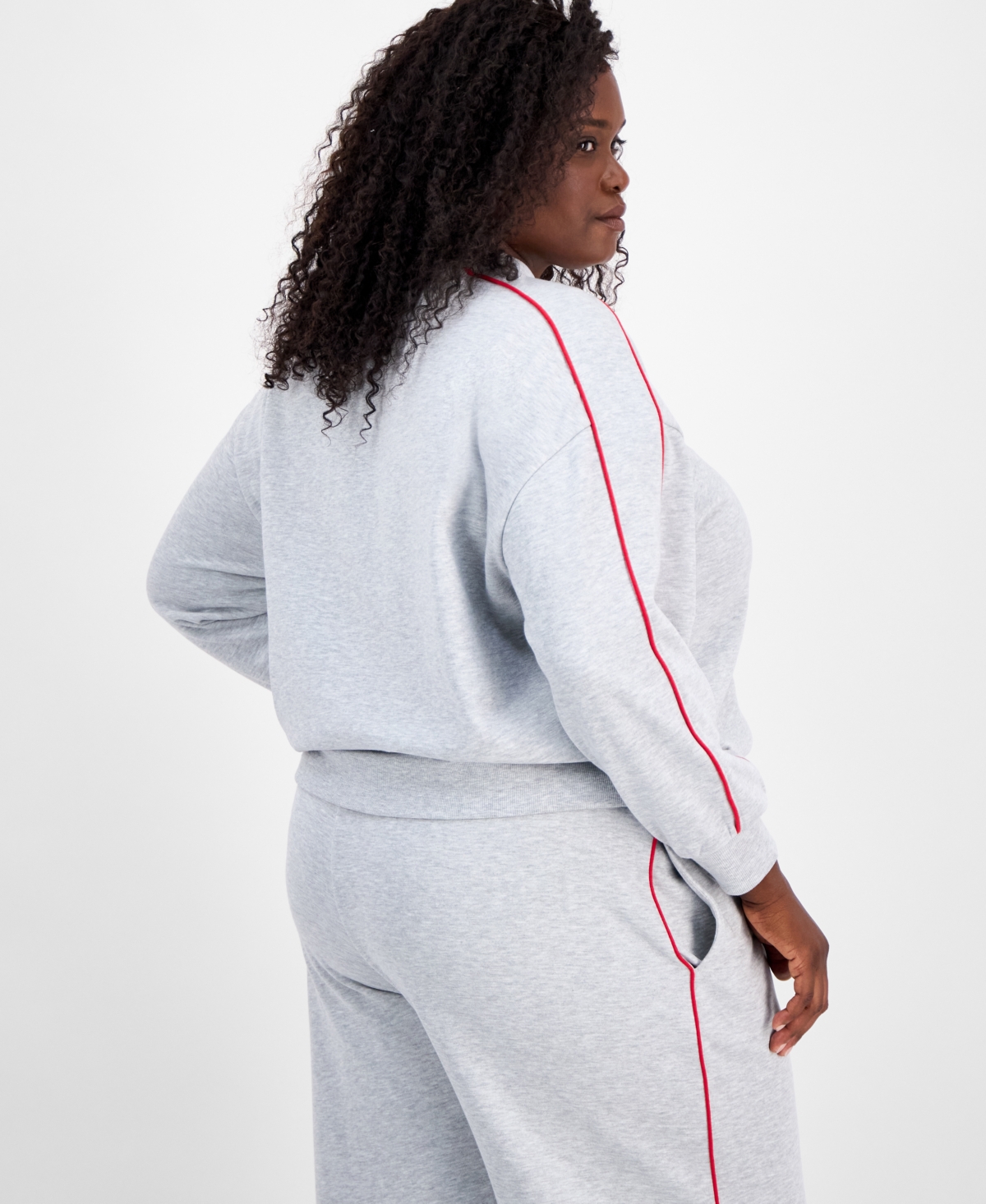 Rebellious One Trendy Plus Contrast Piped Fleece Sweatshirt Sweatpants In Gray