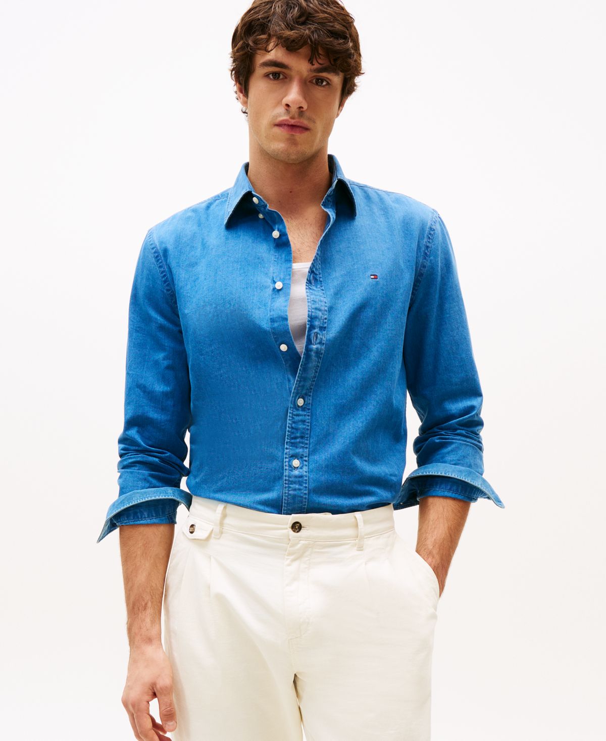 Мужская хлопчатобумажная рубашка из шамбре обычного покроя