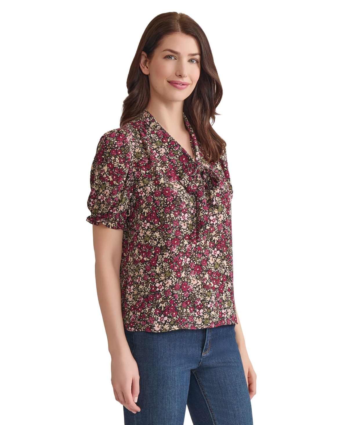 Jones New York Floral Tie Neck Puff Sleeve Top