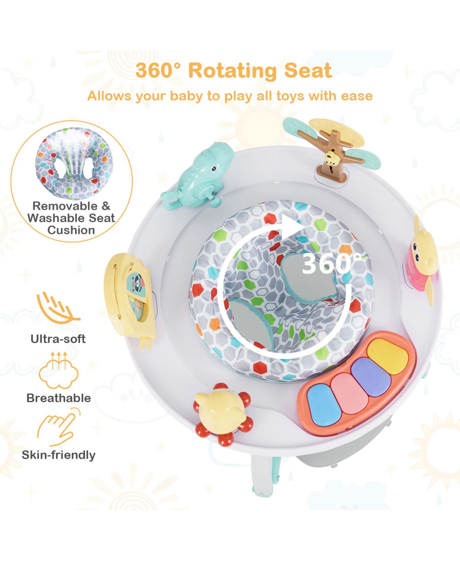 5-in-1 Baby Activity Center with Rotating Seat Removable Toys Lights