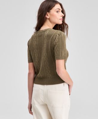 Petite Short Sleeve Crewneck Pointelle Cardigan Sweater