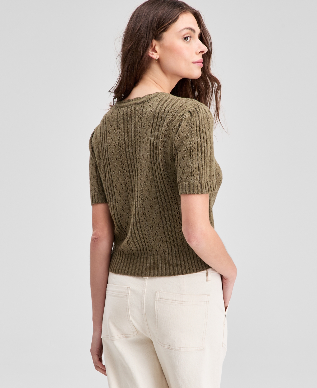 And Now This Petite Short Sleeve Crewneck Pointelle Cardigan Sweater In Green