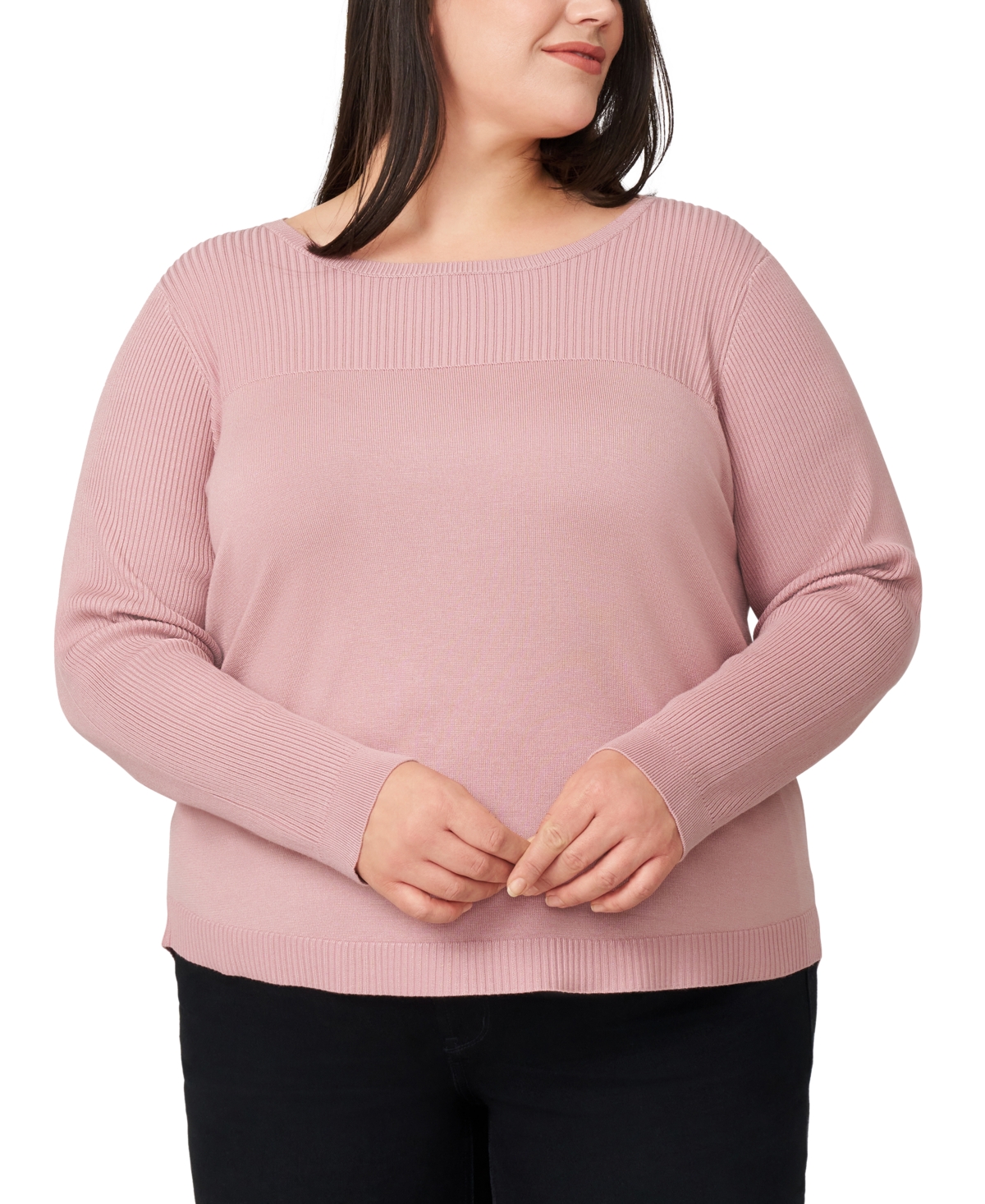 Plus Size Ribbed-Yoke Pullover Sweater - Angelfish