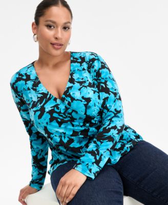 Plus Size Printed Long-Sleeve Surplice-Neck Top, Macy's Exclusive