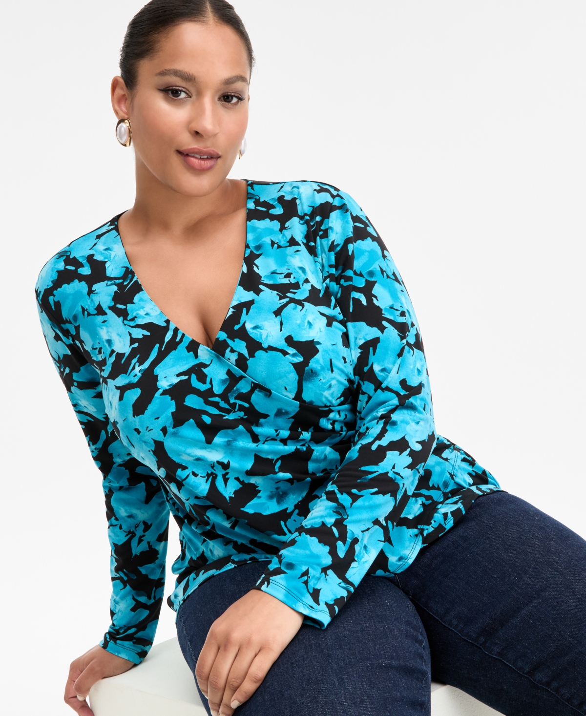 Inc International Concepts Plus Size Printed Long-sleeve Surplice-neck Top, Macy's Exclusive In Multi