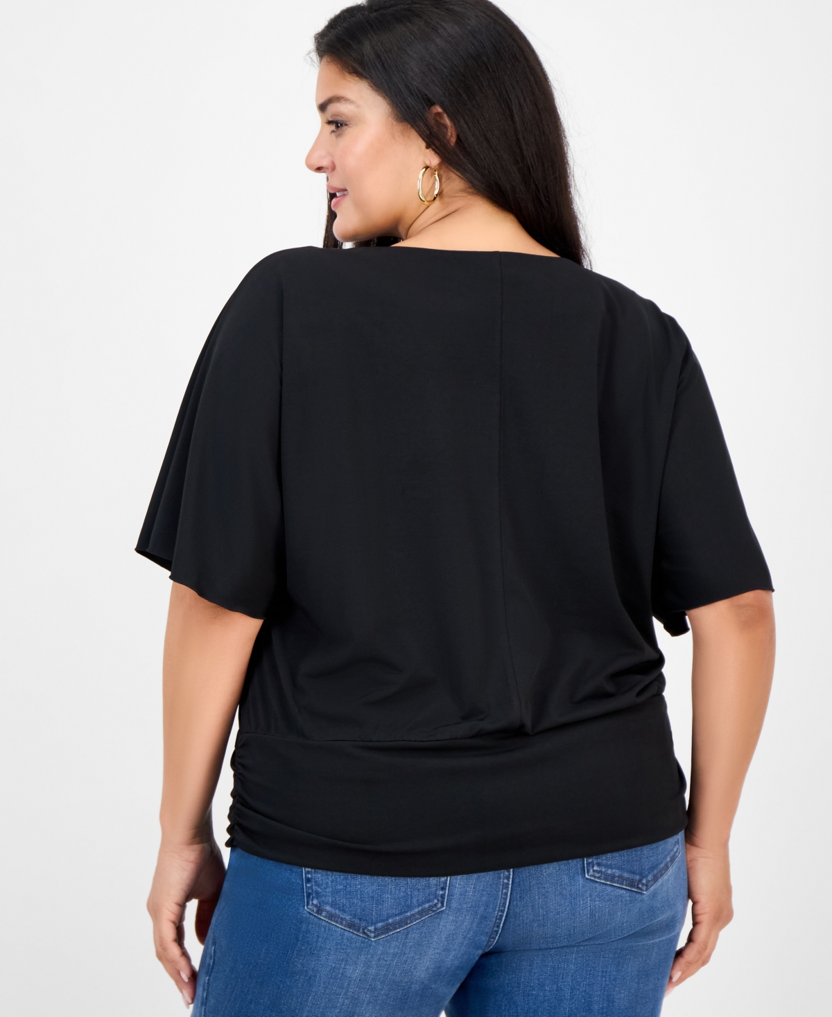 Inc International Concepts Plus Size Printed V-neck Short-sleeve Top, Macy's Exclusive In Black